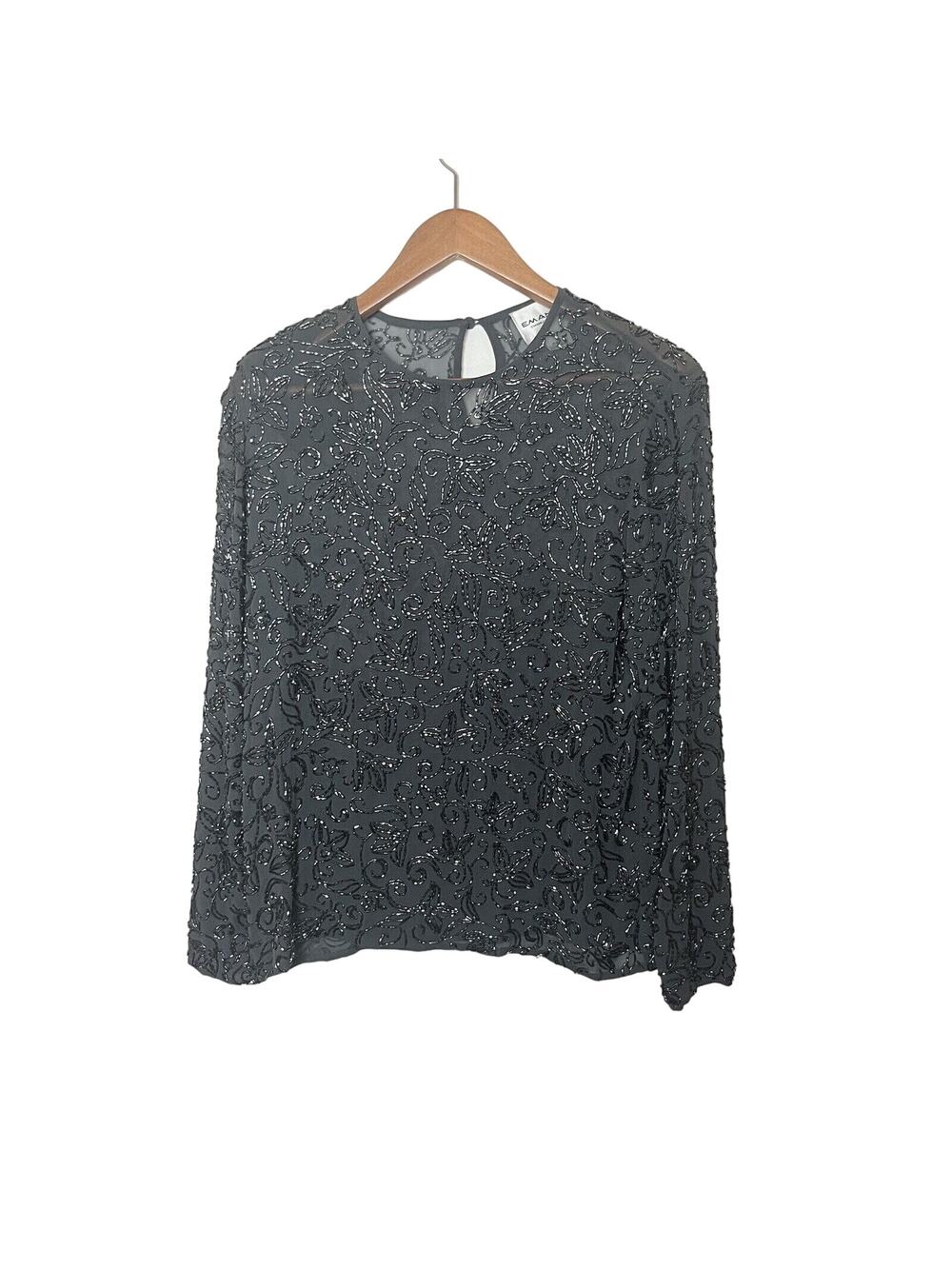 Emanuel Ungaro Beaded Embellished Long Sleeve Sheer Silk Top Sz Small Black